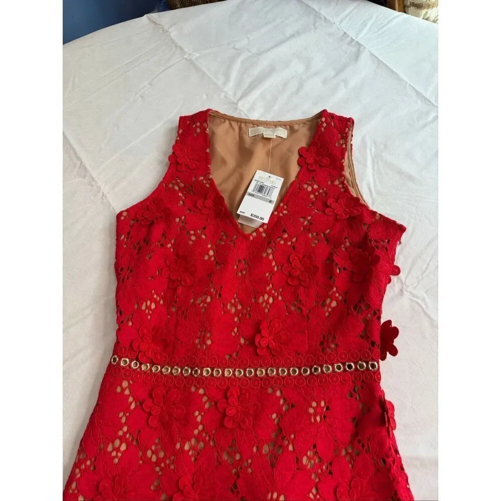 Michael Kors Scarlet Red Floral Appliqué Lace Dress Size 0